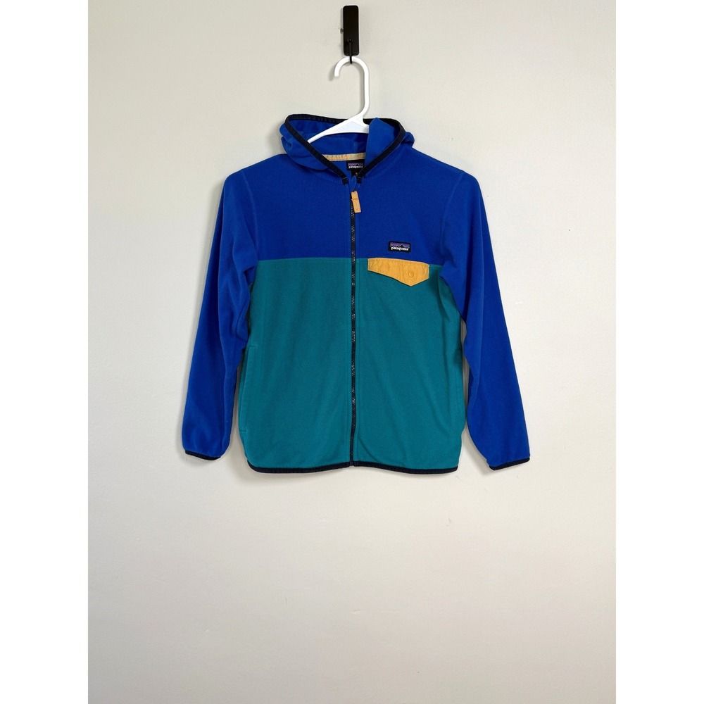 Patagonia Fleece Hoodie Kids M 10 Blue Teal Colorblock Full Zip Camping School